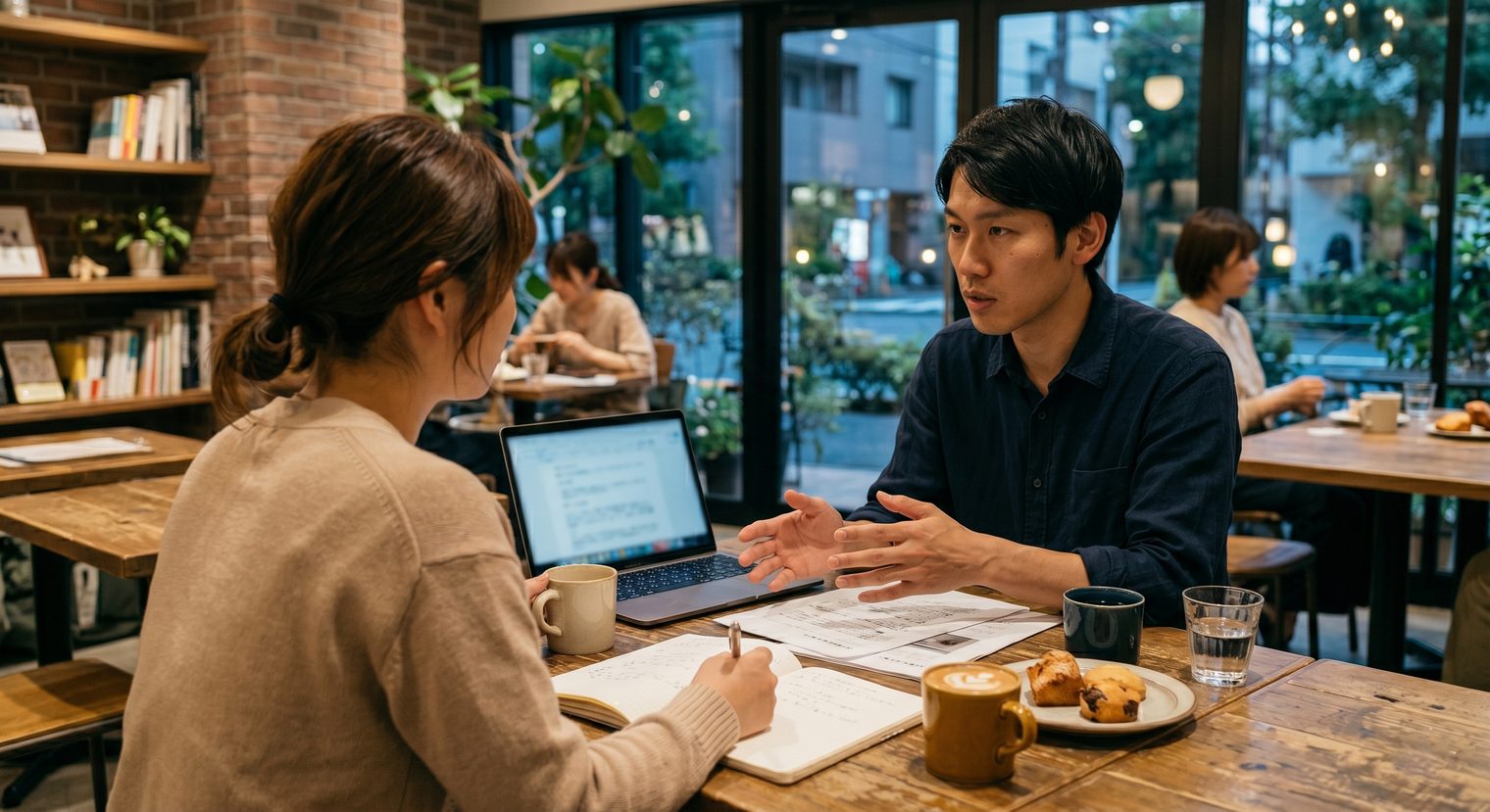 カフェでふたり会議をするシーン