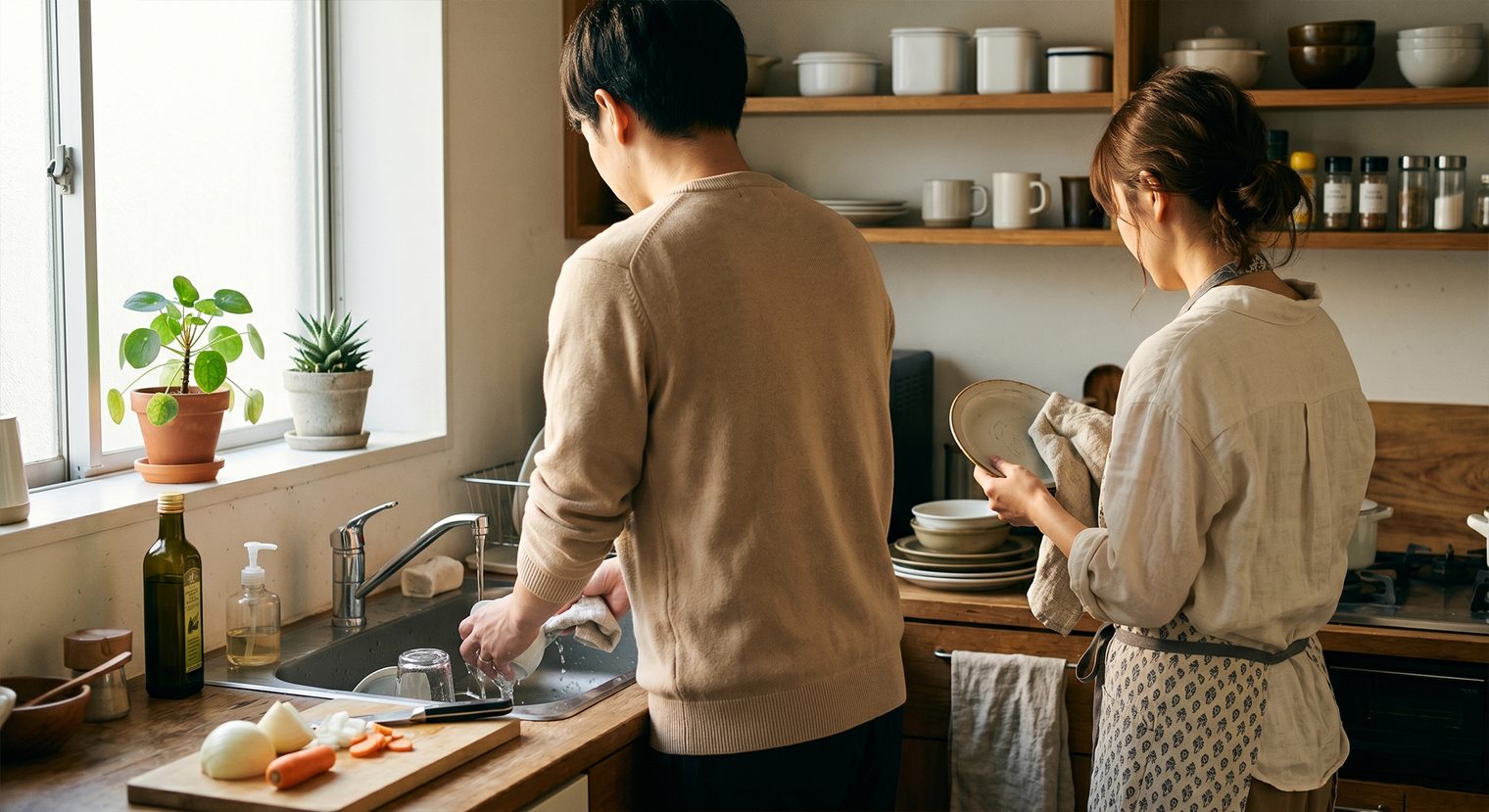 ふたりで家事をしているシーン